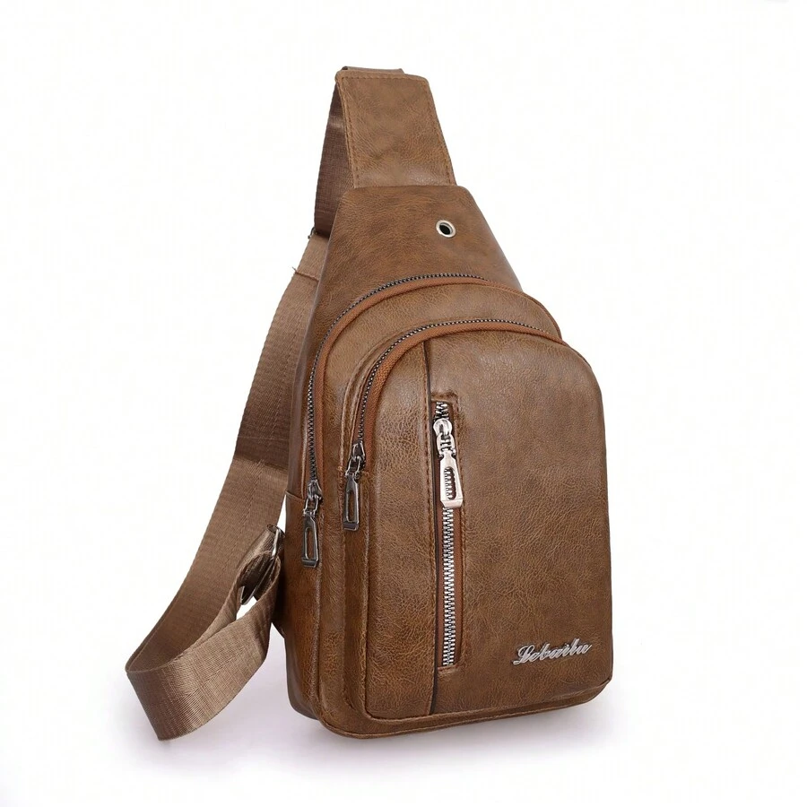 Men's Fashionable Chest Bag With Front Zipper Pocket And Multiple Compartments - Khaki - View 1