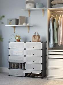 SONGMICS Schuhregal mit 10 Ebenen, Steckregal, Regalsystem, Schuh-Organizer, DIY-Regal, mit Tür, aus PP-Kunststoff - Grau - Übersicht 2