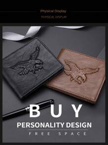 時尚老鷹皮夾適合男士,拉鍊硬幣信用卡包,磨砂皮革夾適合男士 - 黑色 - 查看 4