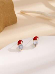 1pair Eight Hearts & Arrows Cut Cubic Zirconia Christmas Hat Stud Earrings - Multicolor - View 4