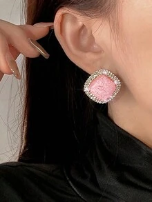 1pair Fashionable & Elegant 3d Square Cubic Zirconia Stud Earrings For Women - Multicolor - View 2