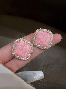 1pair Fashionable & Elegant 3d Square Cubic Zirconia Stud Earrings For Women - Multicolor - View 1