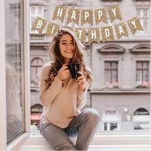 1pc Gold Glitter Paper Happy Birthday Banner, For Birthday Party Decoration And Background - Gold - View 4