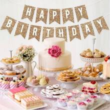 1pc Gold Glitter Paper Happy Birthday Banner, For Birthday Party Decoration And Background - Gold - View 1