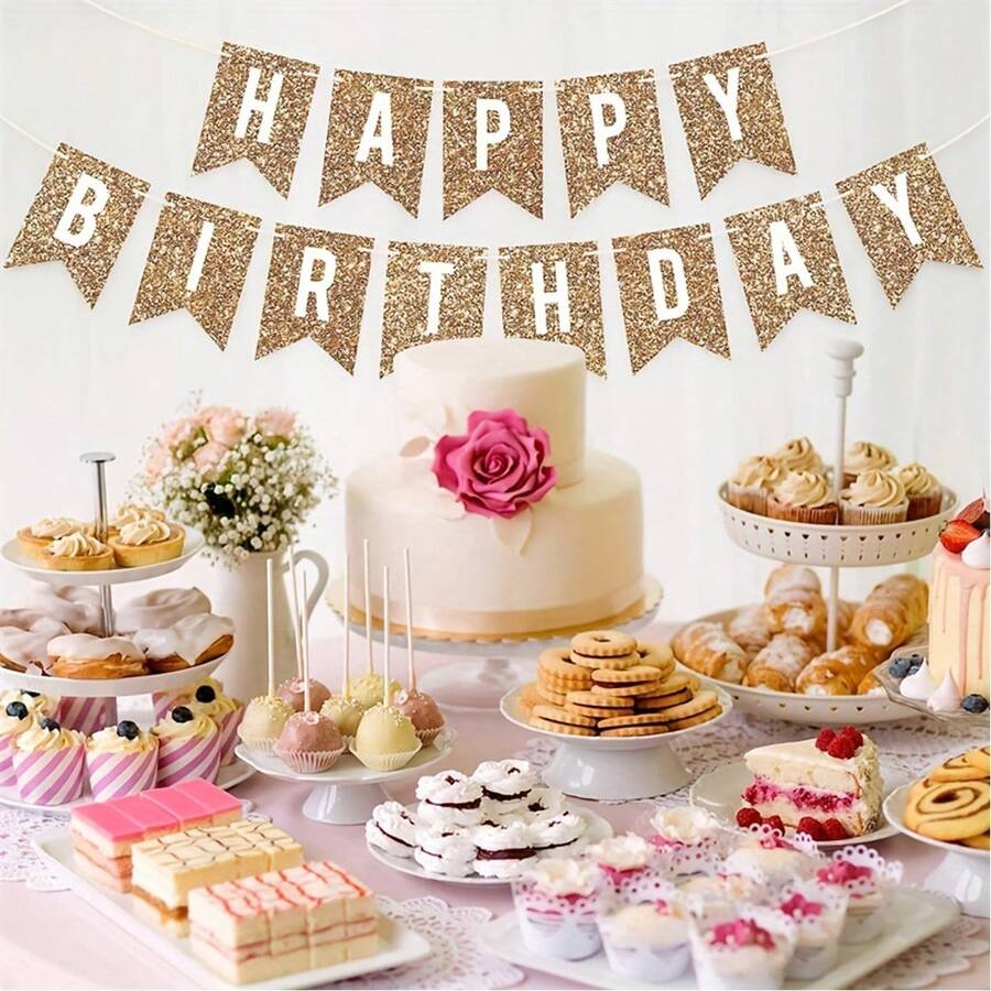1pc Gold Glitter Paper Happy Birthday Banner, For Birthday Party Decoration And Background - Gold - View 1