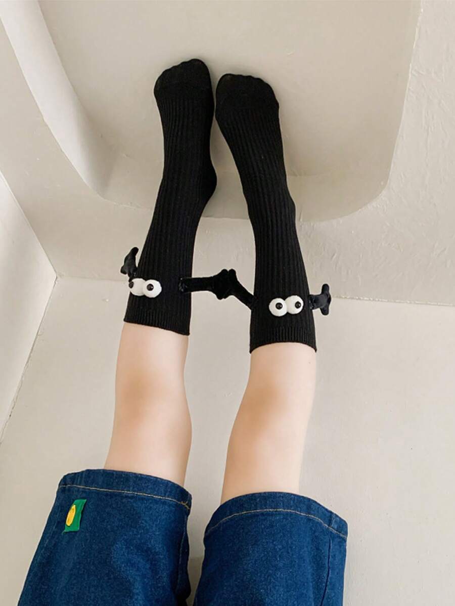 1 par Calcetines hasta mitad de pantorrilla unisex para niños , puro color , dulce con gracioso , perfecto para escuela , deportivo - Negro - Ver 1