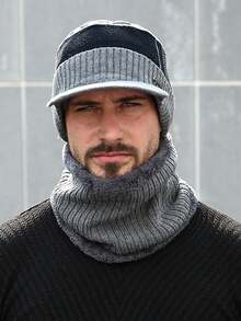 1set Men Knitted Ear Warmer Beanie & Scarf Set - Grey - View 2