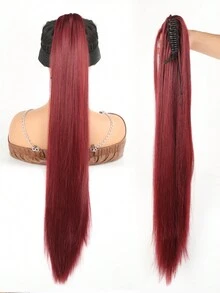 32英寸合成纖維長直爪夾馬尾髮延長裝置,耐高溫馬尾髮裝飾用品,適用於女性日常派對 - 酒紅色 - 查看 3