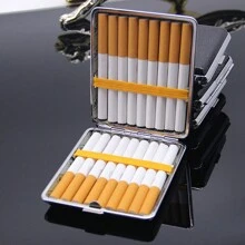 20个装超薄香烟盒，带创意个性化翻盖，金属PU皮革口袋式香烟收纳盒 - 黑色 - 查看 5