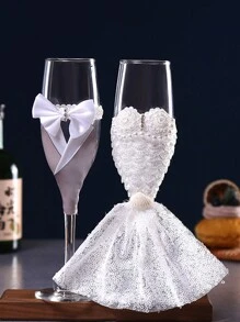 1 Conjunto De Decoração De Copo De Champanhe De Vestido De Noiva E Terno Do Noivo, 2 Peças