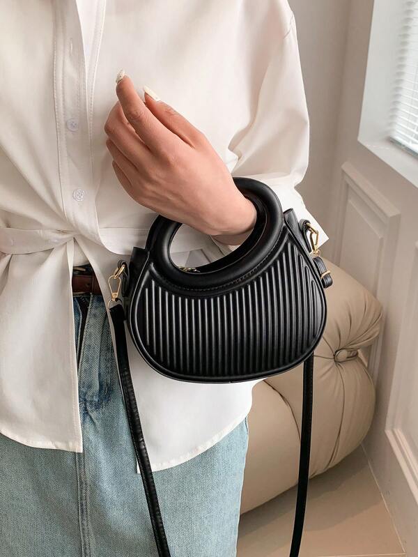 Fashion Black Niche Design French Gentle Lady New Commuter Date Hand-Held Shoulder Cross-Body Women's Bag Stripes Embossed Handbags Fashion Round Crossbody Bag Women Double Handle Novelty Purses
