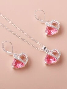 1 Set Of 3pcs Pink Heart Jewelry Set: 1 Pair Of Earrings And 1 Necklace - View 3
