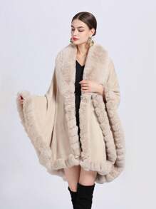 1件女士多色仿羊皮&毛領針織披風,厚實加寬柔軟針織布料保暖,防風防曬,時尚優雅款式,適合日常穿著、派對、節日和宴會服裝 - 米色 - 查看 3