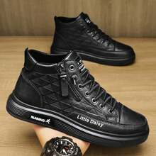 Zapatillas Altas Para Hombre, Casuales Y Deportivas, Elegantes Y Versátiles, Con Colores Sólidos Y Diseño Con Cremallera Lateral - Negro - Ver 2