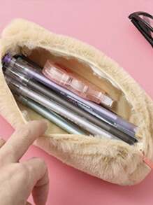 1 件简约时尚毛绒铅笔盒文具收纳袋、铅笔袋、书包