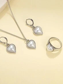 17KM 4pcs Đơn giản Ngọc trai Giả Nghệ Embellished Love Theo chủ đề Hoa tai , Nhẫn Và Dây chuyền Lý tưởng Đối với Quý cô Kỳ nghỉ Và Ngày đêm Tuyệt vời Như A Qủa tặng - Bạc - Xem 2