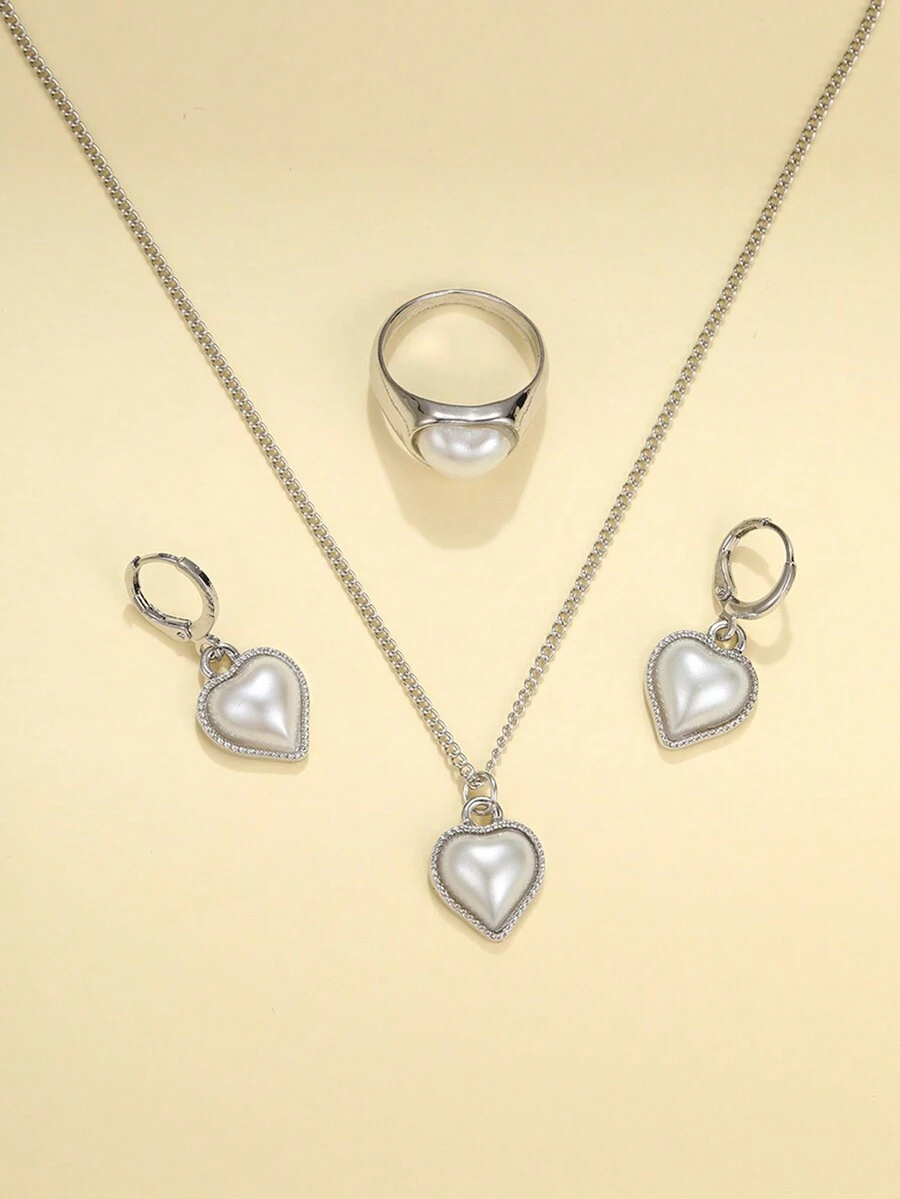 17KM 4pcs Đơn giản Ngọc trai Giả Nghệ Embellished Love Theo chủ đề Hoa tai , Nhẫn Và Dây chuyền Lý tưởng Đối với Quý cô Kỳ nghỉ Và Ngày đêm Tuyệt vời Như A Qủa tặng - Bạc - Xem 1
