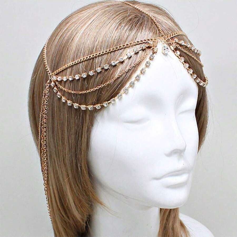 1pc Fashionable Rhinestone Chain Hair Jewelry, Stylish And Simple Hair Accessory - Gold - View 1