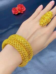 1件套24K金顏色女性手鐲戒指套裝阿拉伯婚禮首飾類打開開口手鐲奢華女性首飾類禮物