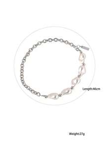 1pc Unique European And American Style Pearl Necklace, Couples' / Women's Geometric Pendant Short Sweater Chain - Silver - View 9