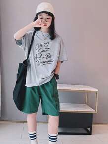 Tween Girl可愛簡約清新印花圓領t卹,夏季 - 灰色 - 查看 5