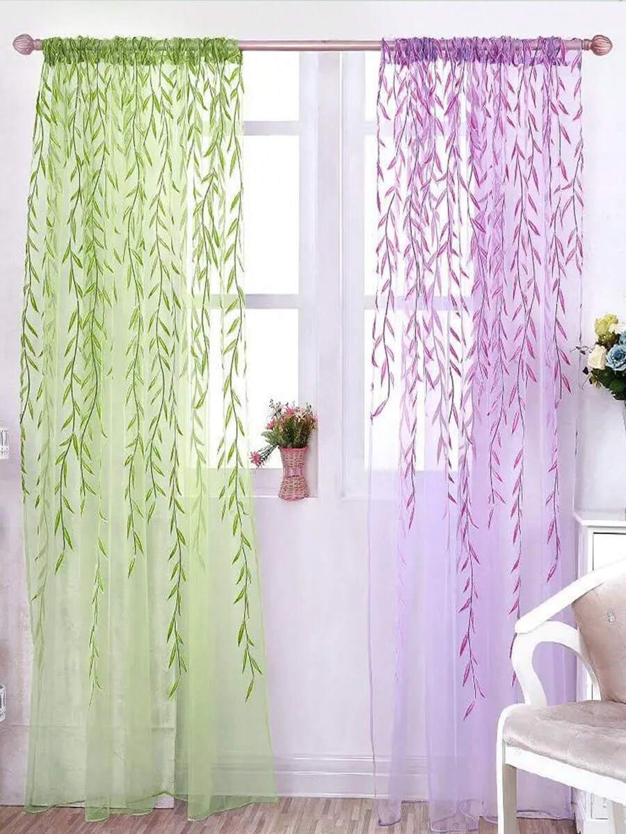 1 件現代聚酯桿口袋透明窗簾,帶葉子圖案,適合家居裝飾 - 紫色 - 查看 1