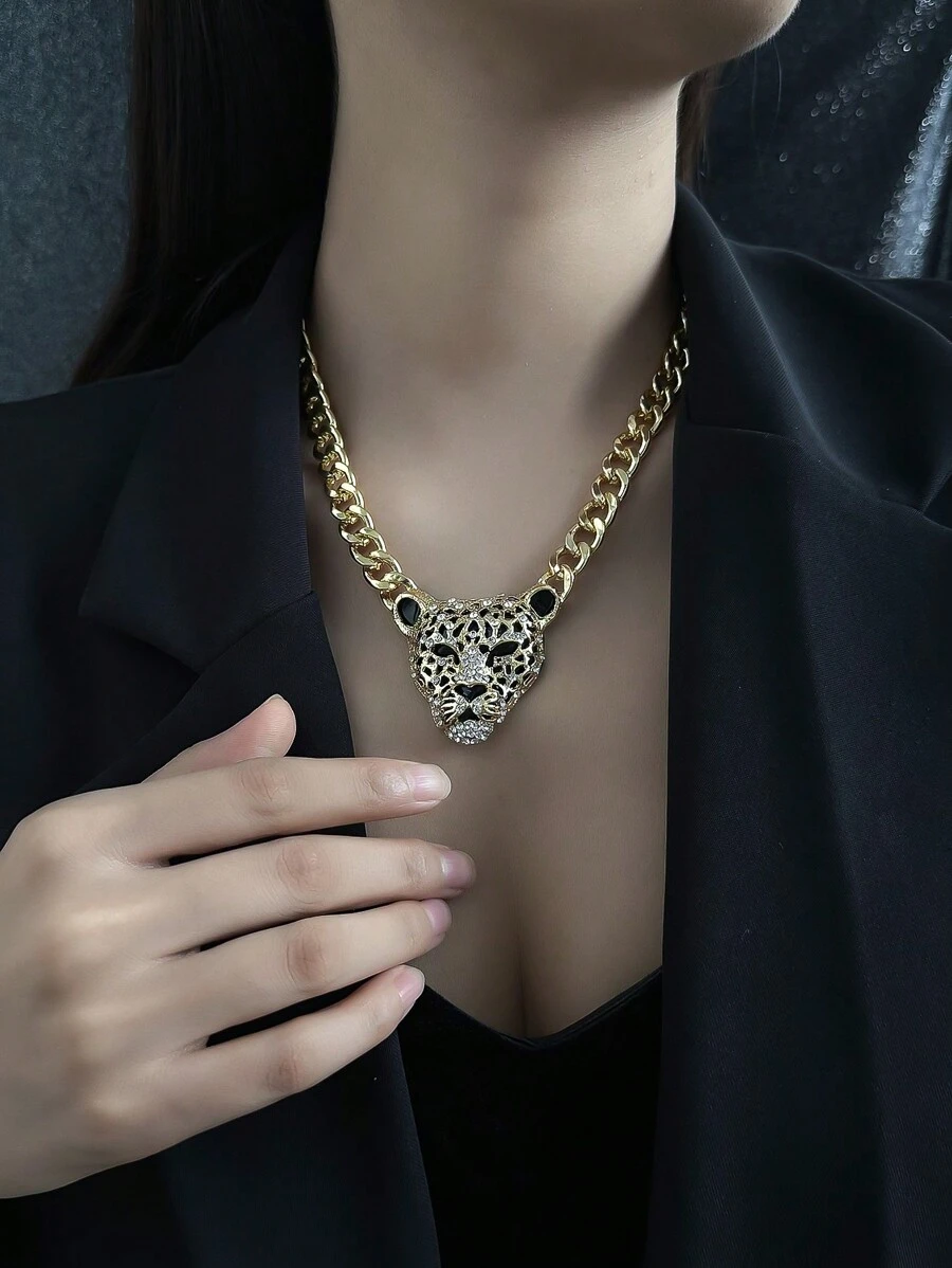 1pc Punk Style Exaggerated Leopard Head Pendant Chunky Chain Necklace With Rhinestones - Multicolor - View 1