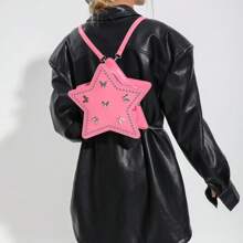 Glossy and Novelty Fashionable Butterfly Rivet & Pentagram Decor Women's Backpack, Multiple Carrying Methods With Three Shoulder Straps - Pink - View 7