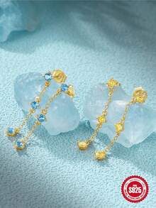 1對長流蘇金銀s925純銀精細耳釘,婚禮訂婚派對禮物珠寶首飾