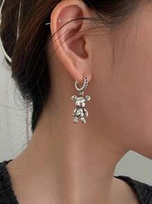 不对称熊与心形设计女士珠宝耳环情人节、妈妈、母亲、母亲节、礼物 - 銀色 - 查看 4