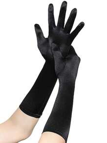 女士緞面手套20世紀閃亮彈性黑色晚禮服手套,長度伸至中腕,適用於新娘