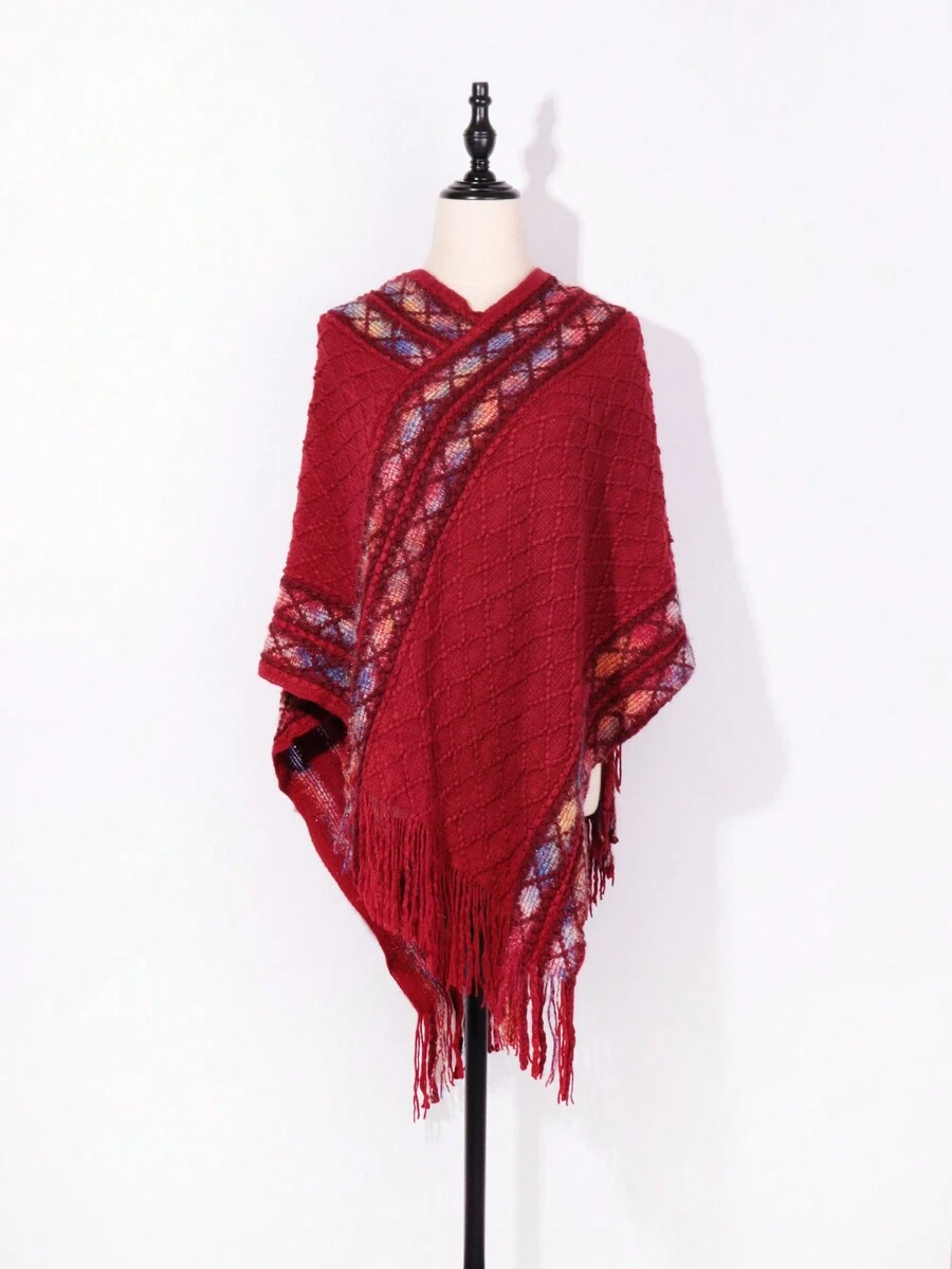 New Ladies' Fall/winter Multicolor Diamond-patterned Turtleneck Poncho For Layering With Dress And One Knitted Vest - Red - View 1