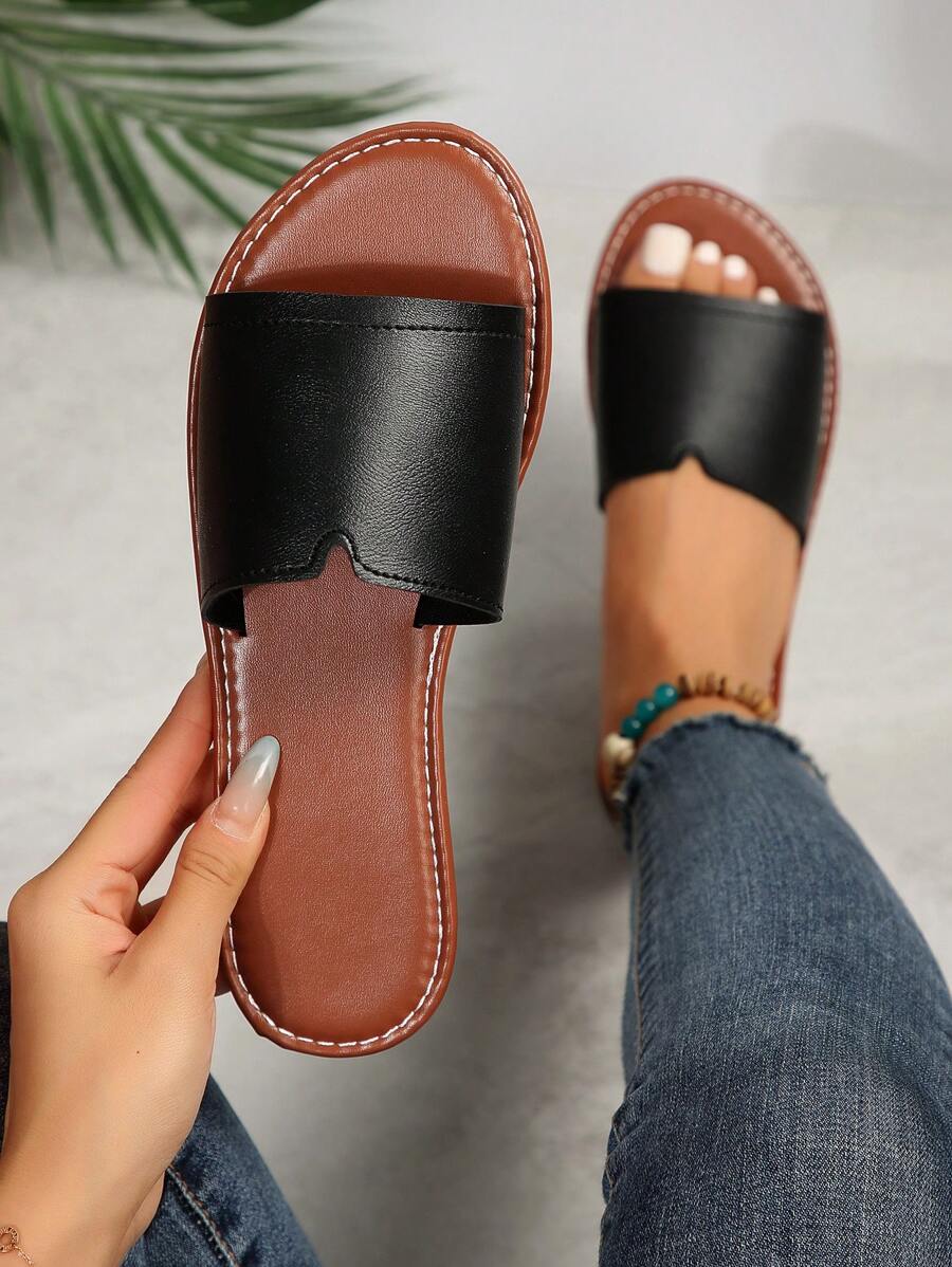 女士平底涼鞋,黑色露趾輕便沙灘鞋