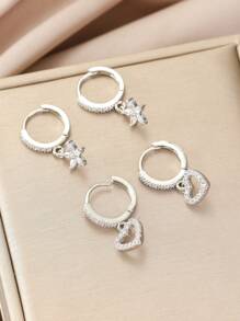 4 件铜镶嵌方晶锆石耳环套装，带有月亮、花朵、星星和几何形状，适合女士日常佩戴、约会、派对和婚礼情人节、妈妈、母亲、母亲节、礼物 - 銀色 - 查看 3