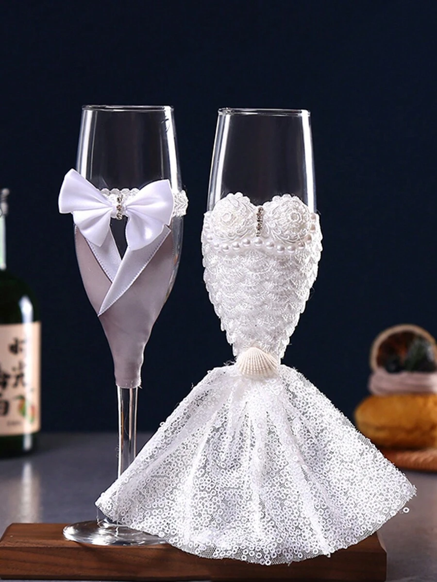 1 Conjunto De Decoração De Copo De Champanhe De Vestido De Noiva E Terno Do Noivo, 2 Peças
