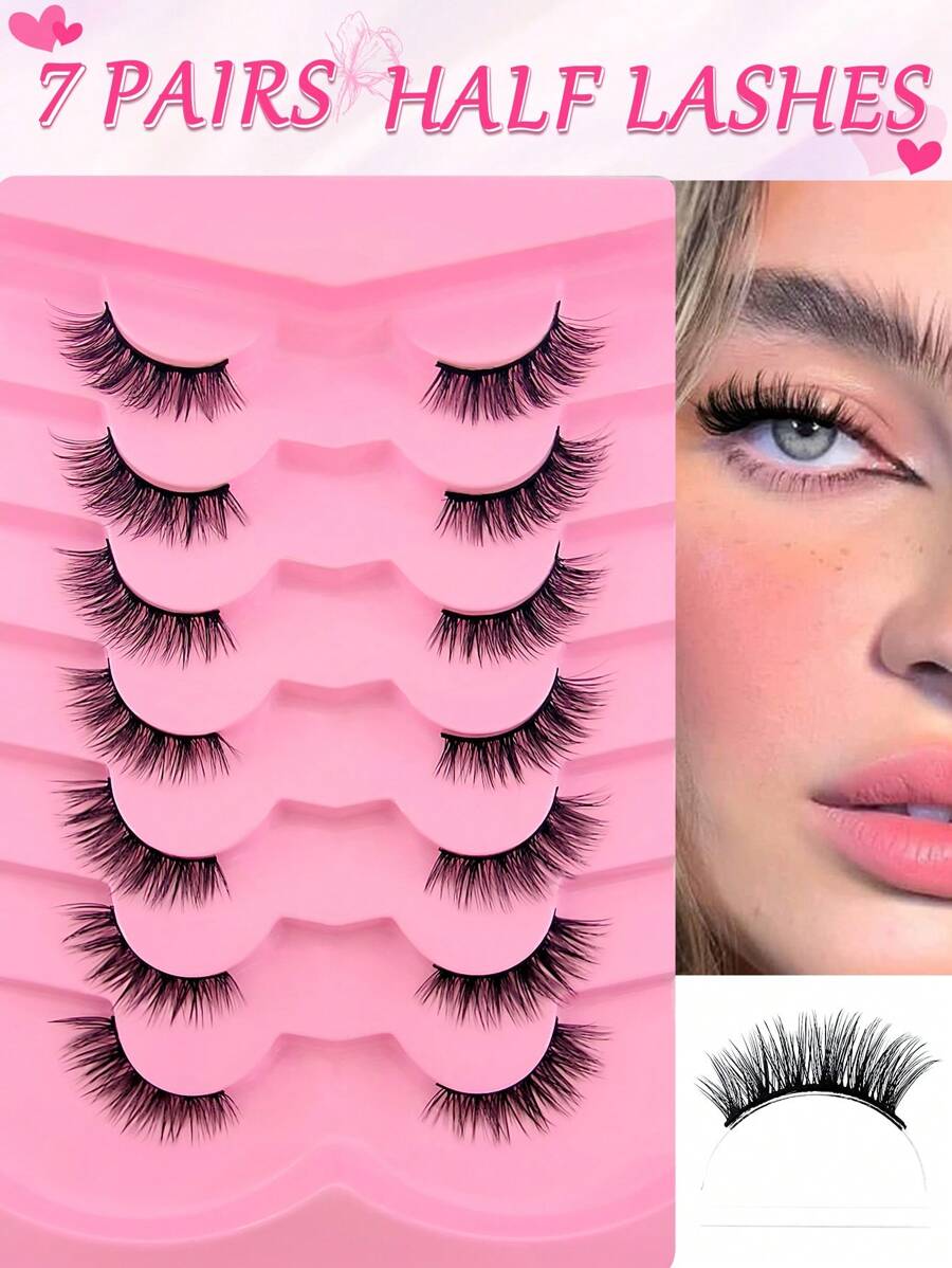 7 Pairs Full False Lashes 12mm Short Half Lashes Faux Mink Cat Eye Look Tail Elongated Strip Lashes Strip Lashes,Lashes,Eyelashes,Fake Lashes