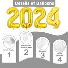 32英寸金色2024數字氣球,適用於新年前夕、聖誕節、新年派對裝飾和主題派對場景 - 金色 - 查看 3