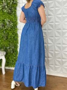 Vestido Longo Jeans Com Babado e Recorte Com Marcação na Cintura primavera Verão
