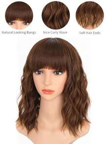 合成捲曲鮑勃假髮帶劉海短鮑勃波浪發假髮棕色假髮女式鮑勃風格合成耐熱鮑勃假髮 - 咖啡棕 - 查看 6