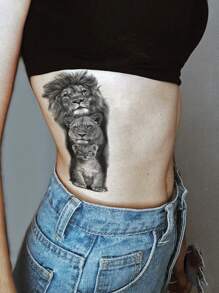 1pc Black Realistic Style Temporary Tattoo Sticker Of Lion Family Animal Pattern For Wrist, Collarbone, Chest, Lower Leg - Black - View 4