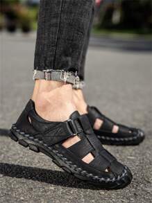 男士新款韓風夏季透氣涼鞋羅馬風沙灘鞋時尚百搭 - 黑色 - 查看 4