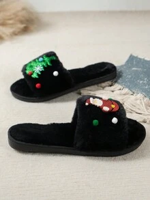 2023年最新款卡通可愛女拖鞋,室內/室外家庭毛絨鞋,聖誕樹圖案 - 黑色 - 查看 5
