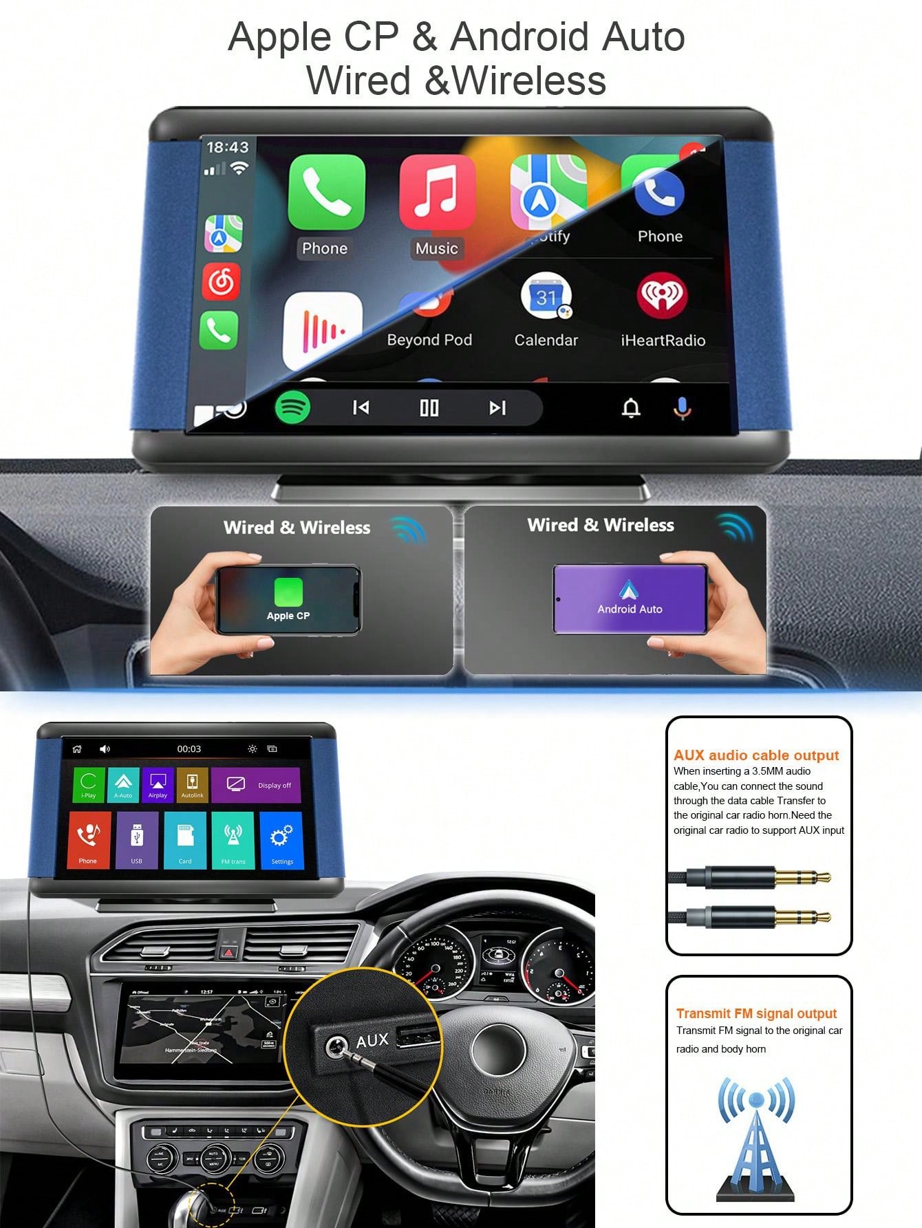 Universal Drahtloses Apple Cp Android Gps Navigation, 7zoll Full Hd 1080p Ips Touchscreen