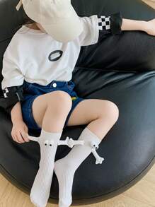 1pair Children's Hand-in-hand Socks, Unisex Baby Cartoon Mid-calf Socks, Cute & Humorous, For Students Sports - White - View 1