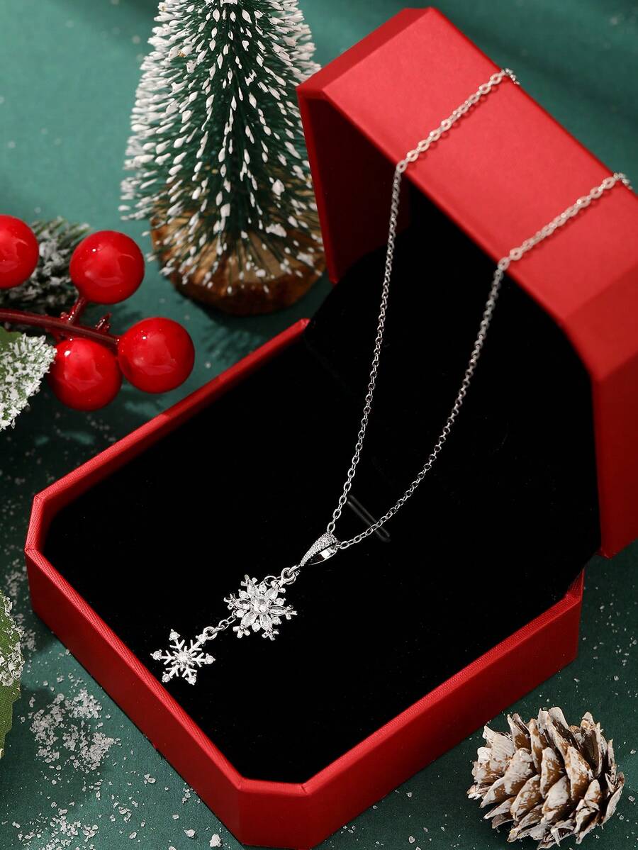1件银色不锈钢精致雪花吊坠项链，优雅时尚的简约设计，男女皆宜，适合圣诞节、万圣节、派对、日常佩戴 - 銀色 - 查看 1