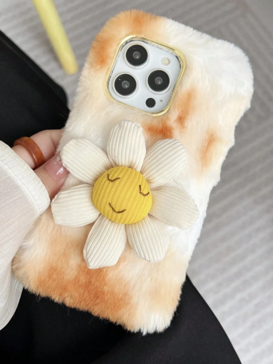Smiling Sunflower Fashionable Drop-Proof Plush Phone Case, Compatible With Iphone, Compatible With Samsung, Compatible With Google And Compatible With Moto Phones,International Version, Not The Domestic Version - Burnt Orange - View 1