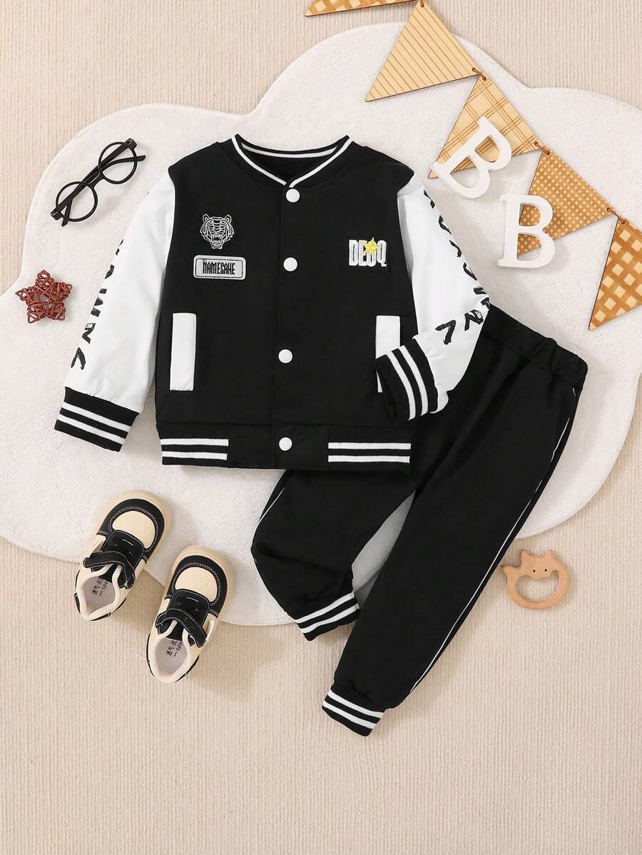 嬰兒男童新潮流長款彈性面料上衣和寬鬆長褲,秋冬季節適用 - 黑與白 - 查看 1