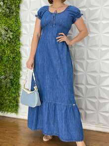 Vestido Longo Jeans Com Babado e Recorte Com Marcação na Cintura primavera Verão