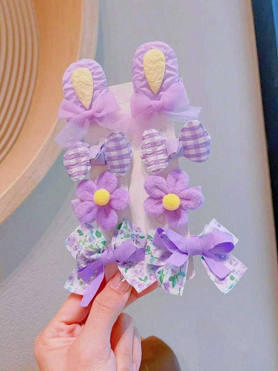 8pcs Children's Cute Floral & Bowknot Design Hair Clips - Purple - View 1