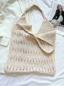 1 件大容量时尚钩针女士购物袋，大号编织袋，沙滩包，夏季度假风格，单肩包，网眼手提包，背包，厨房储物袋，女友购物袋，圣诞礼物，手提包 - 杏色 - 查看 5